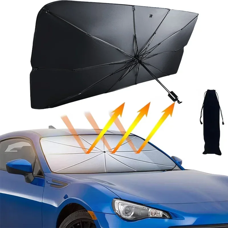 Windshield Sun Shade - 車のフロントガラス用サンシェード、折りたたみ式傘型日よけ、UVカット・断熱、携帯用保護パラソル