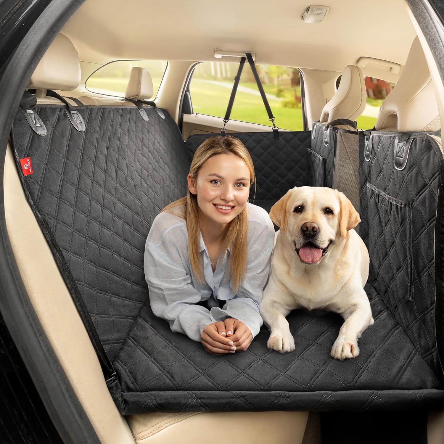 Car Seat Cover - 大型犬用カーシートカバー。耐久性に優れたファスナー付きハンモック型ペット用マット。メーカー製。オックスフォード生地を使用し、後部座席用の安全ベルト付き。