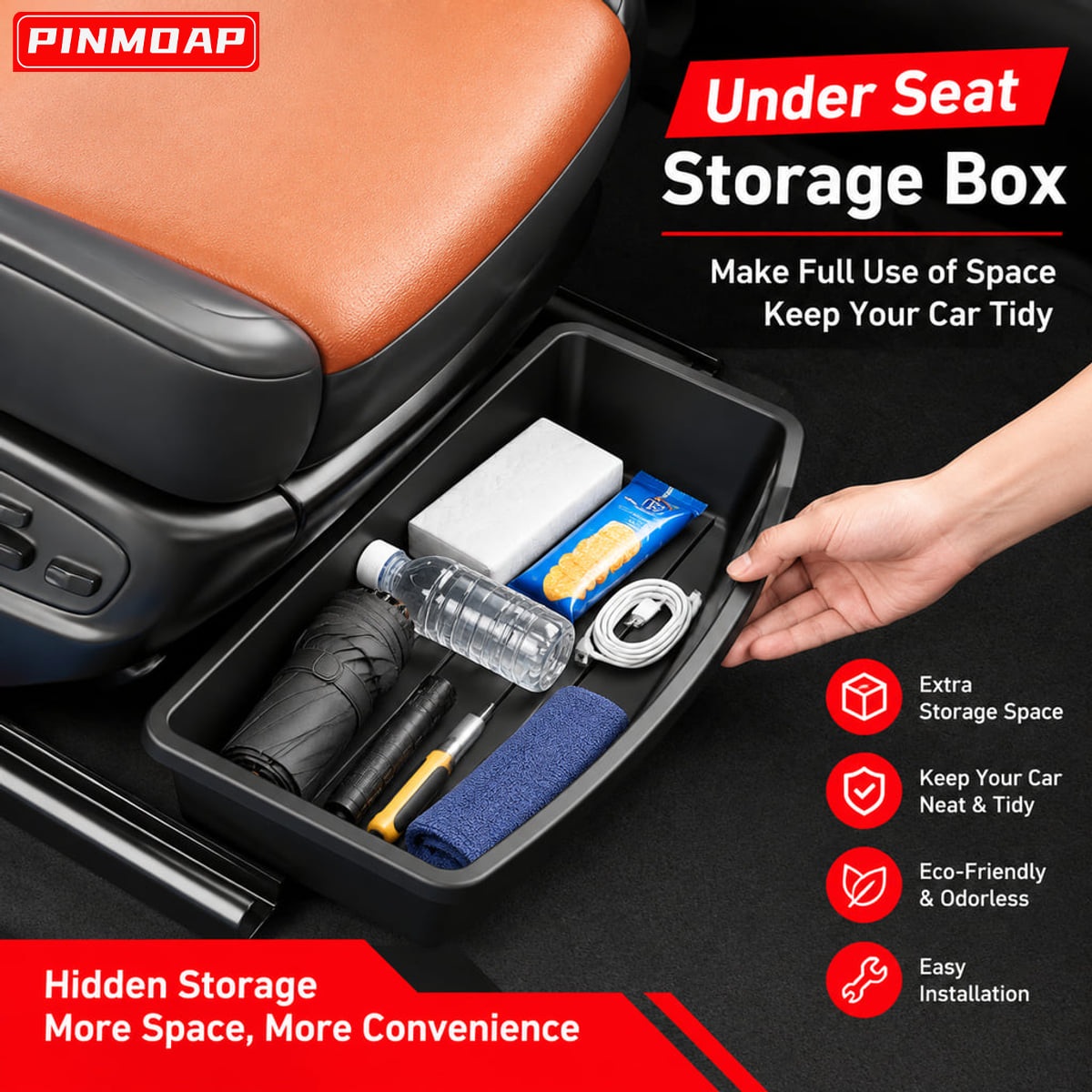 Car Cable Organizer - PINMOAP 車用シート下収納トレイ、ブラック、プラスチック製、深くて長いトレイ。傘、ティッシュ、水筒、ケーブル、工具などを収納可能。