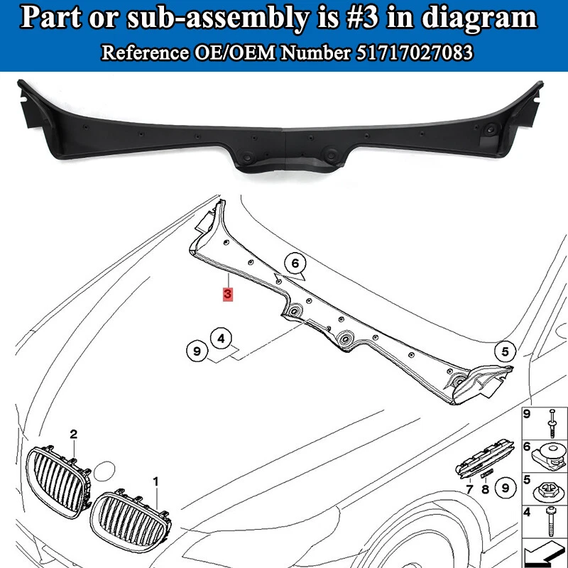 Car Wiper - BMW 5シリーズ E60 E61 LCIモデル用フロントウィンドシールドワイパーカウルカバーパネルウォーターガイドプレート1セット 51717027083